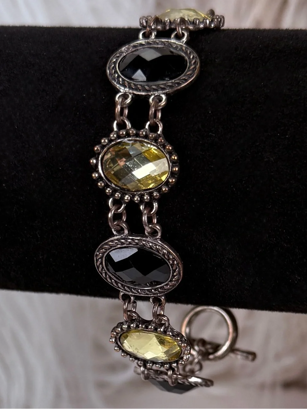 Vintage aged Silvertone Yellow Black Bling Accents Link Toggle Closure Bracelet